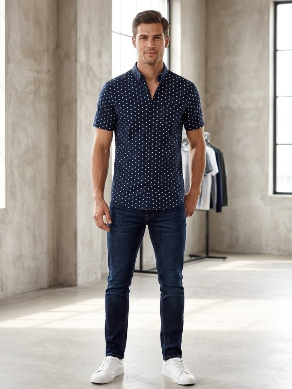 H&M Navy Polka Dot Short Sleeve Button-Down